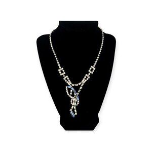 Mid-Century Vintage Rhinestone Necklace, ‎ Blue Accents – Art Deco Revival Style